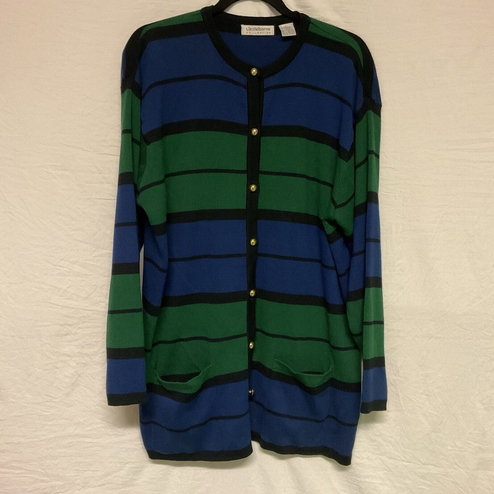 Vintage Liz Claiborne Striped Cardigan Size Large‎ Green Blue Gold Button Preppy